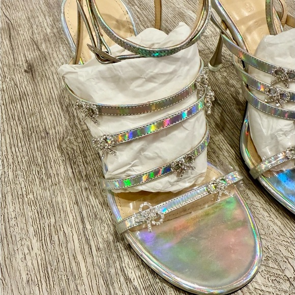 MACH & MACH Camille Silver Strap Heels with Diamanté Bows NWOT - Picture 7 of 13